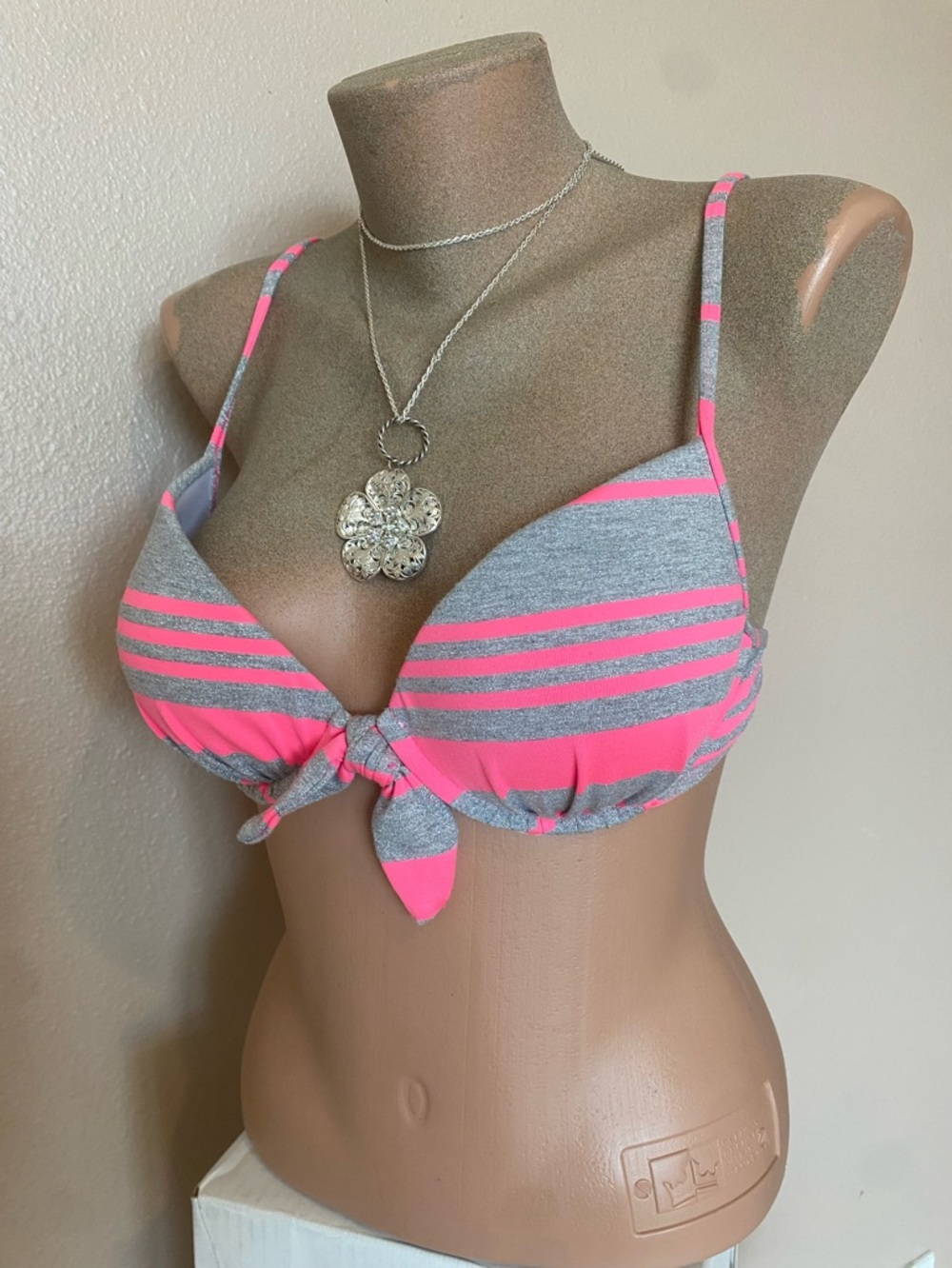 Y2k Hot Pink & Grey Striped Bikini Top with Push Up Padding